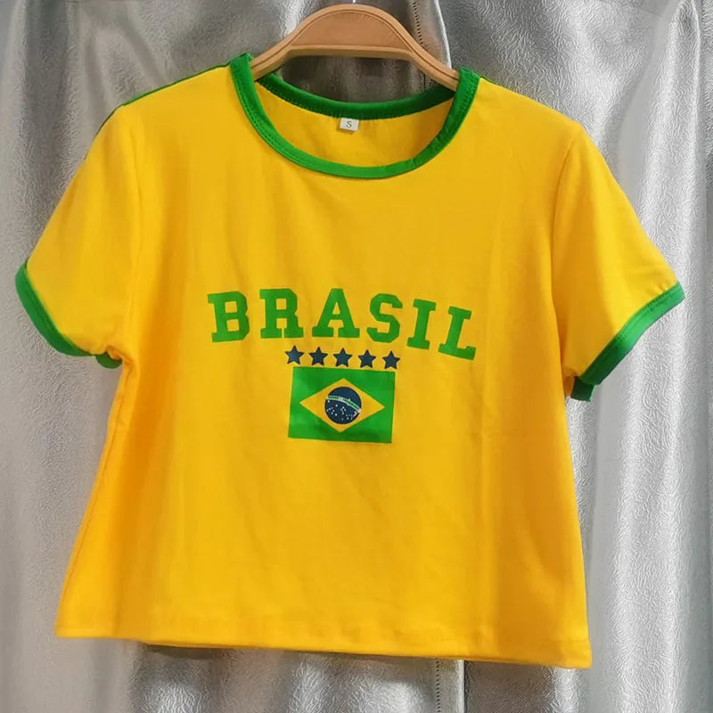 2000s Aesthetic BRASIL Crop Top T-Shirt - تيشيرت BRASIL ستايل Y2K بتصميم كروب توب