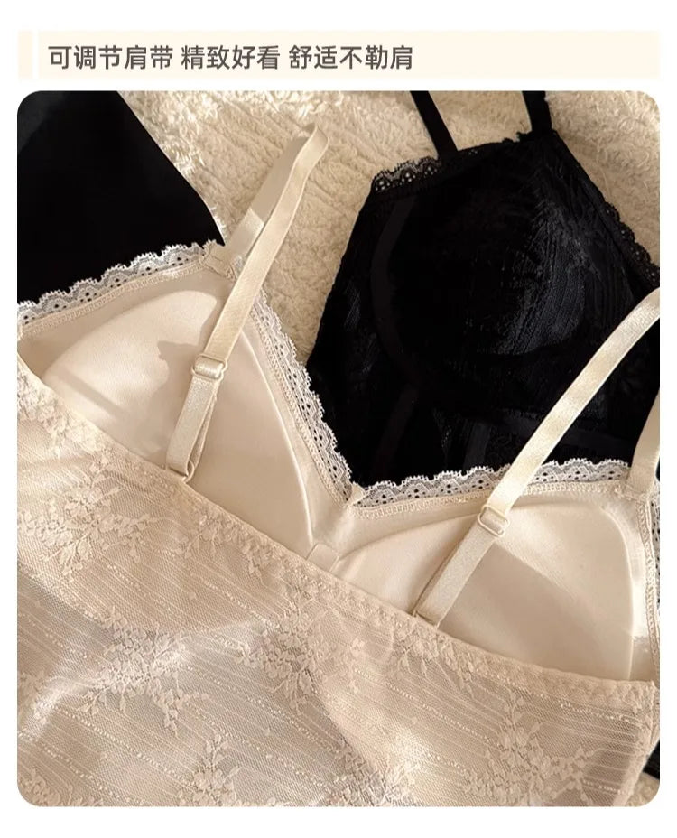 MOYISU French Lace Halter Bralette - Backless Wireless | Convertible & Removable Pads | White Comfort Bra for Daily/Evening Wear