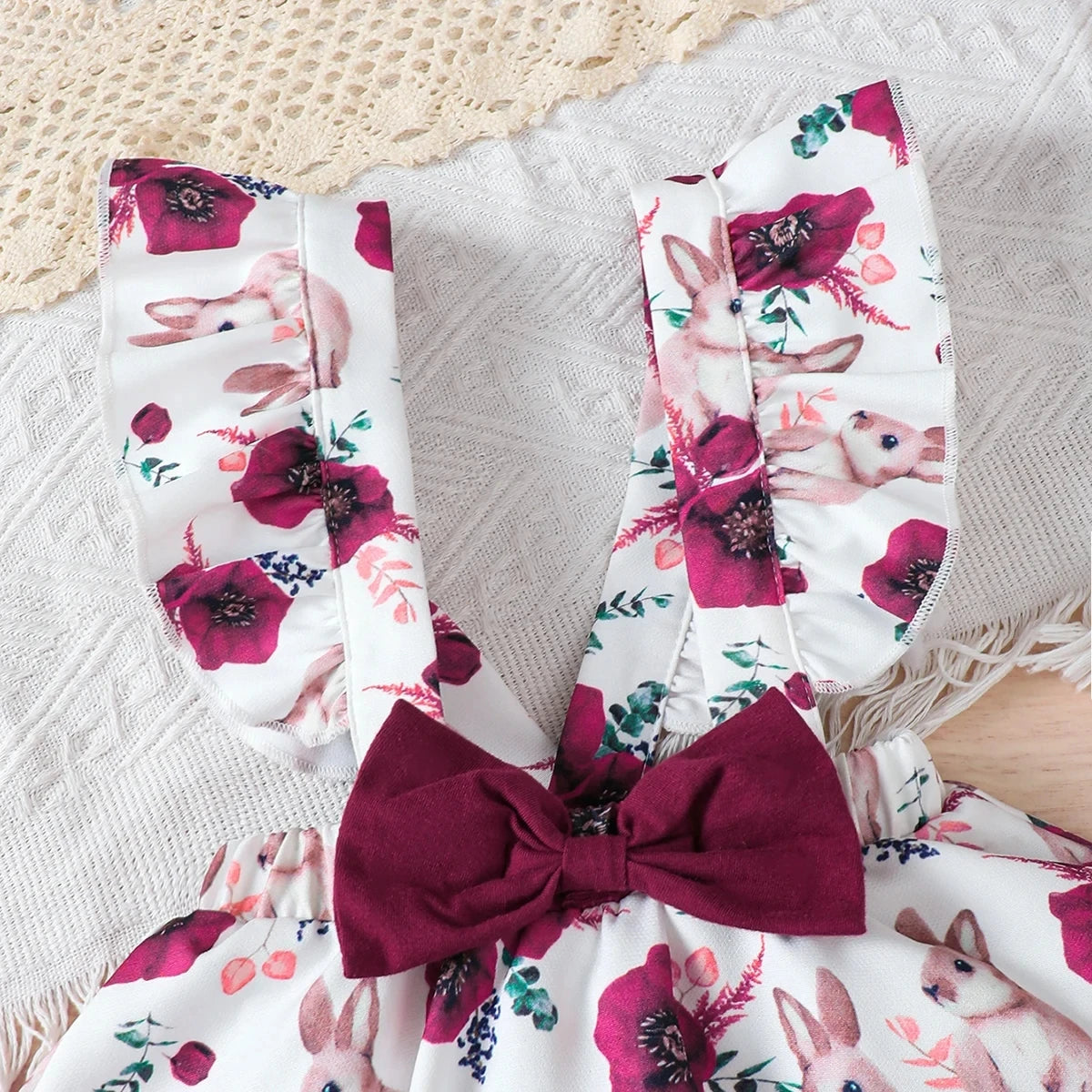 Baby girl Summer Set Solid Color Jumpsuit+Rabbit Printed Shoulder