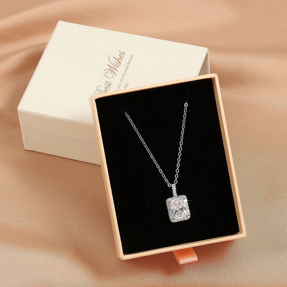 ZAKOL Simple Geometric Crystal White Zircon Pendant Necklace For Women Silver-Color Wedding Party Jewelry Gift With Box