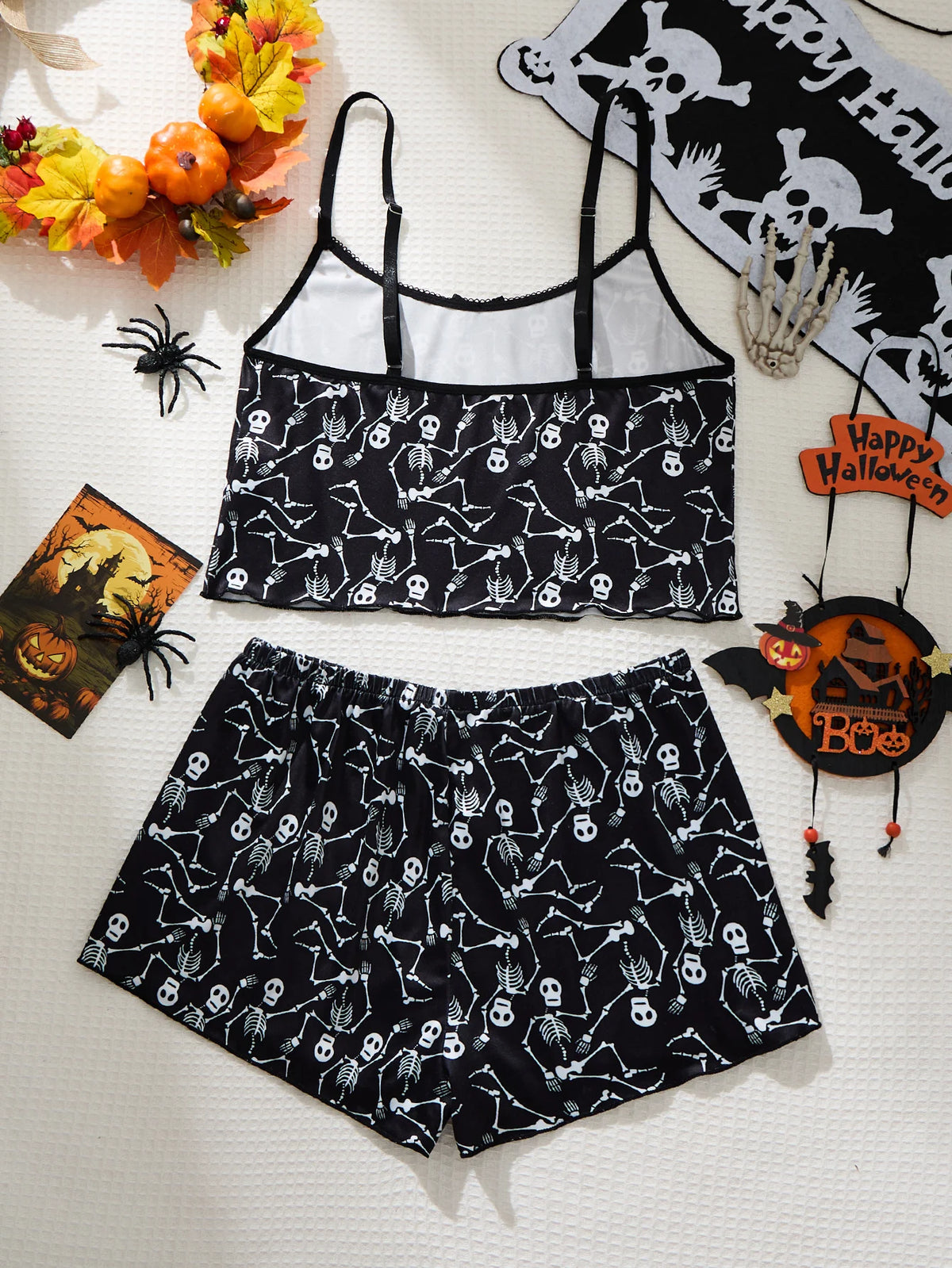 Women's Halloween Pajamas Set Black White Skeleton Print Camisole Top and Shorts Sleepwear Spooky Season Loungewear