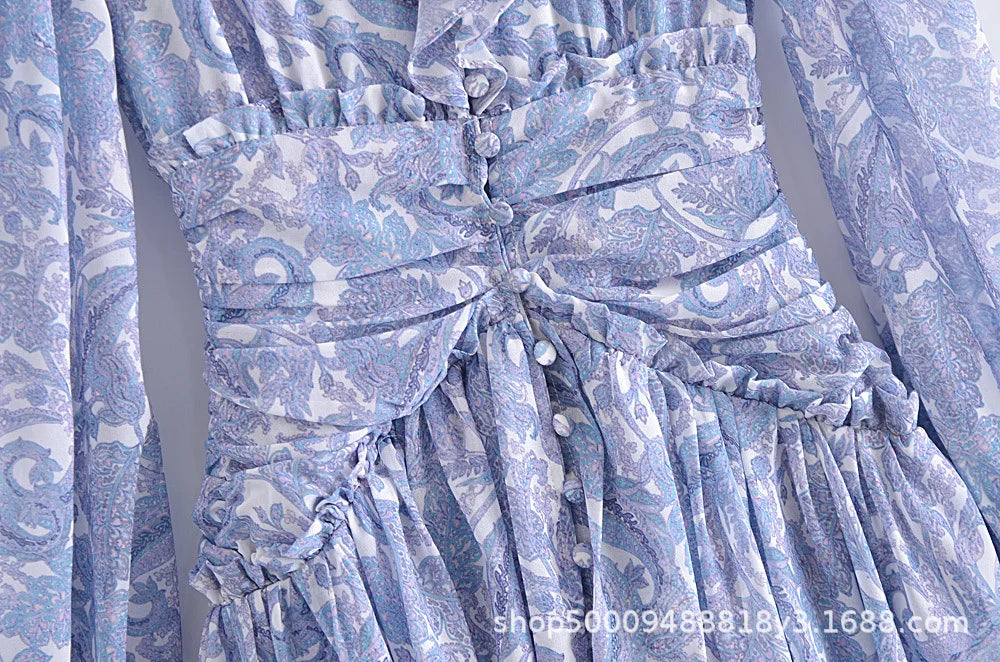 Boho Chic Floral Print Ruffle Mini Dress Women's Long Puff Sleeve V Neck Slim Fit A-line Party Dresses New Female Club Vestidos