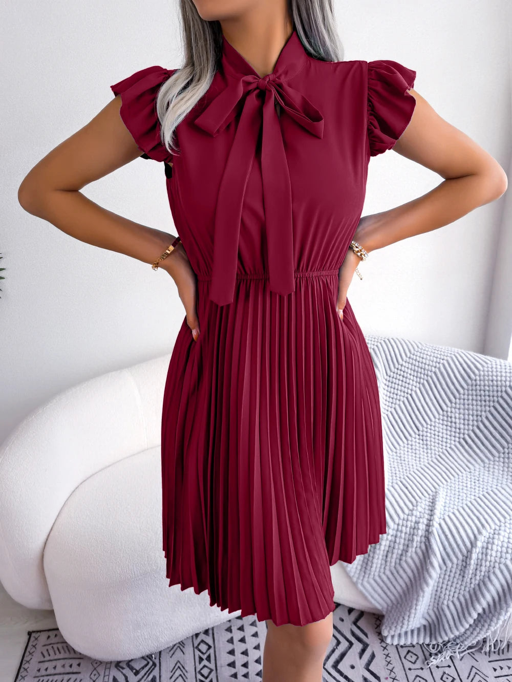 Elegant Bow Tie Pleated Dress 2026 Women Summer Solid Color Ruffles Short Sleeve Mini Dress Green Red Black Blue Woman Clothing
