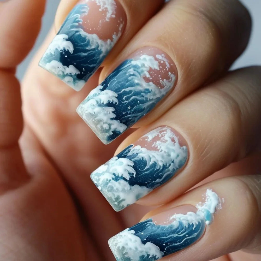 24Pcs Ladder-shaped Ballet False Nails with Glue Stripe Floral Nail Art Ombre French Press on Acrylic Nail Tips for Spice Girls