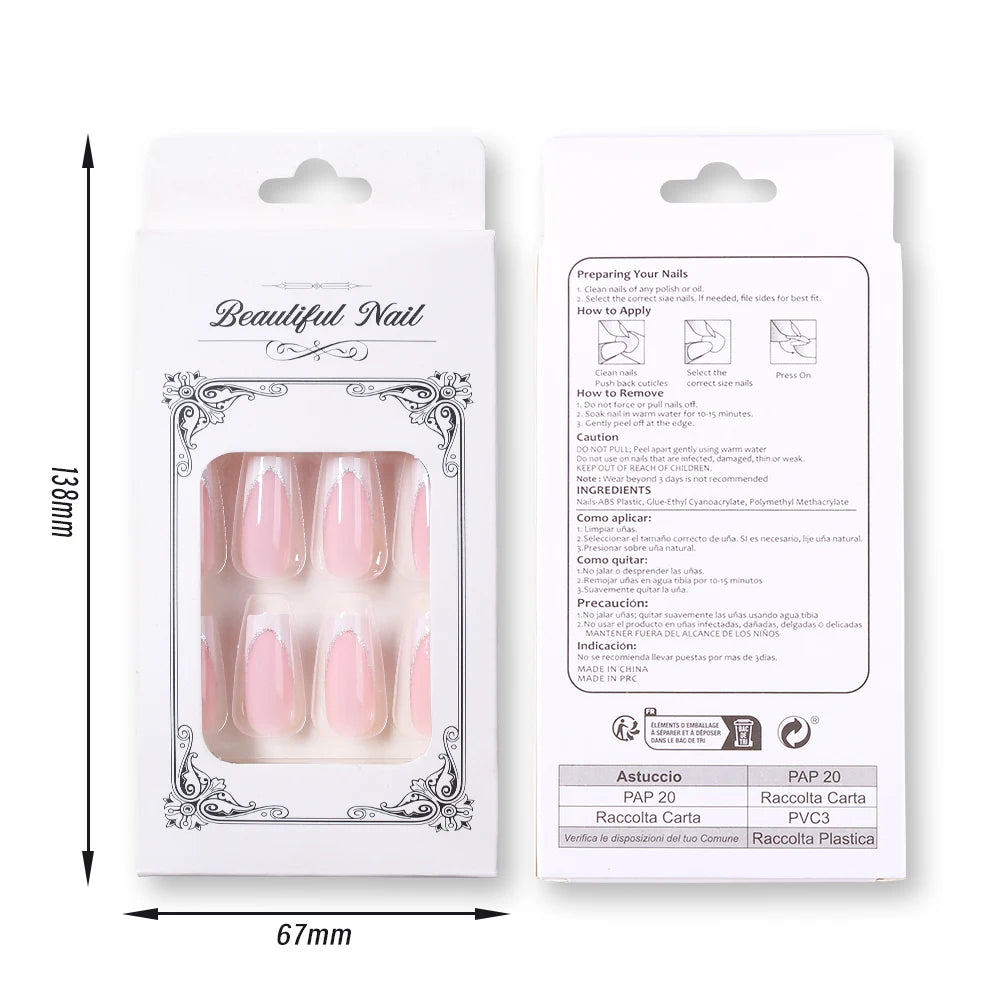 24Pcs Short Square Coffin French Glitter Press On Nails أظافر لاصقة فرنسية لامعة بشكل مربع – 24 قطعة