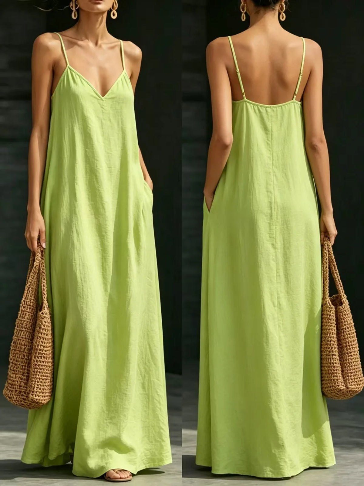 Women Linen Spaghetti Strap Maxi Dress V Neck Loose Swing Long Dress With Pockets Casual Summer Beach Vacation Sundress Ladies