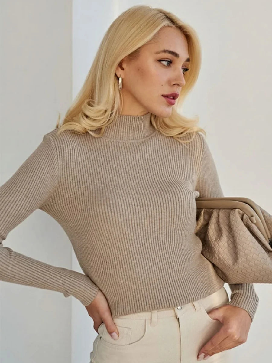 Women's Elegant Knitted Pullover Sweater Vintage Half High Neck Solid Tops Casual Slim Fit Sweaters Autumn Winter Basic Knitwear