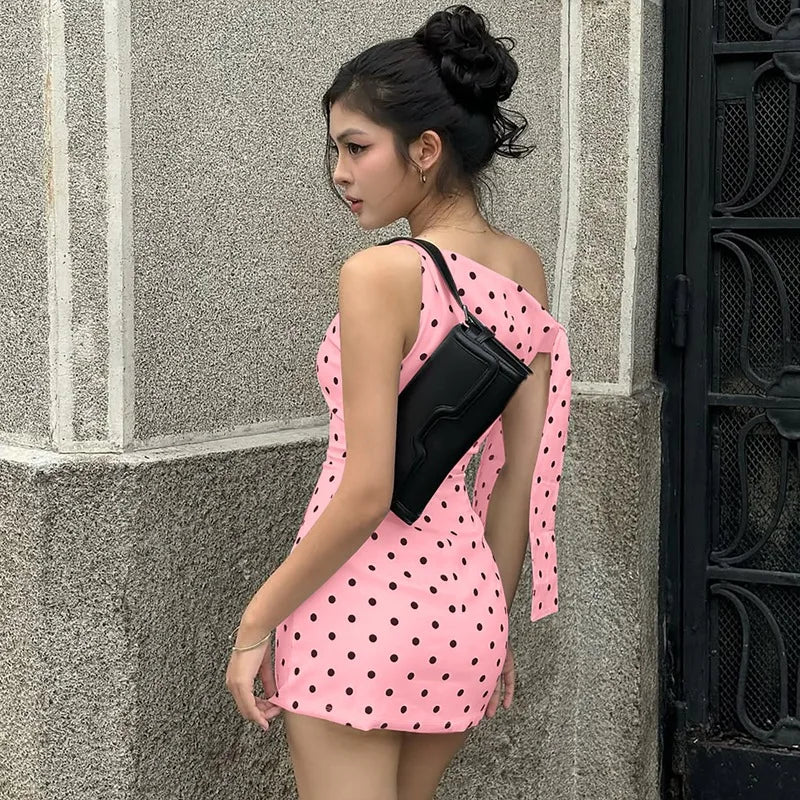 Summer Holiday Sexy Polka Dot Backless Asymmetrical Mini Dresses Strapless Lace-up Sleeveless Slim Fit Dress Vintage Party Dress