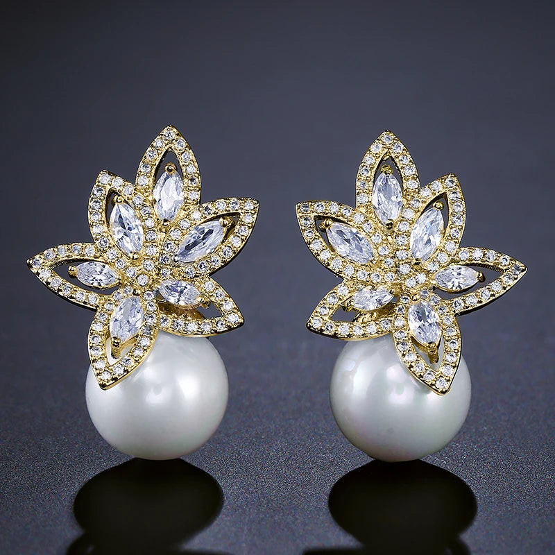 ZAKOL Temperament Imitation Pearl Flower Stud Earrings Elegant Leaf Marquise Zirconia Wedding Party Jewelry for Women