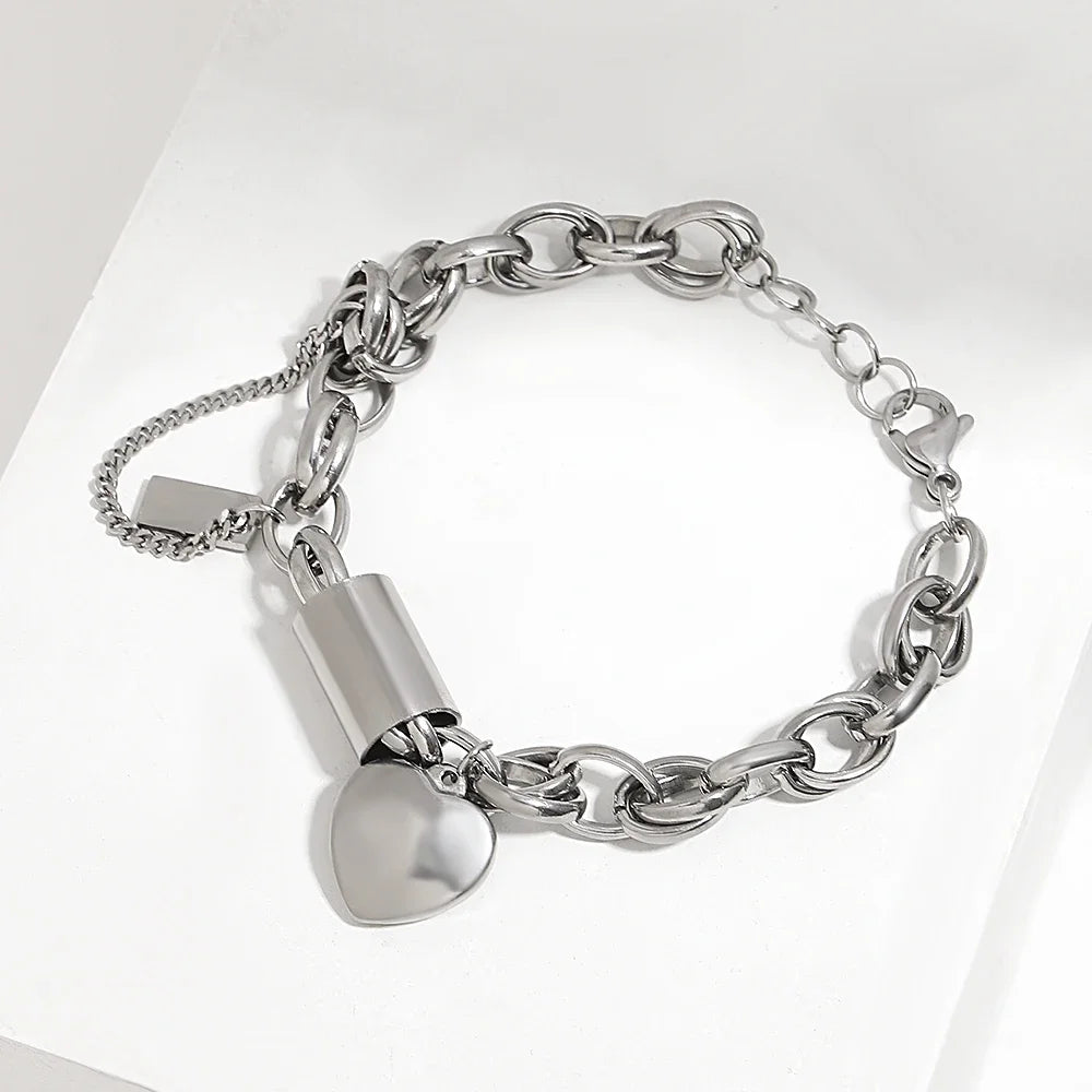 DZ Gold Color Thick Chain Stainless Steel Bracelets for Women Fashion Design Heart Love Pendant Wrist Jewelry