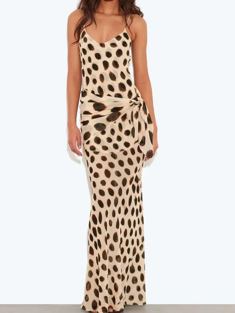 Summer Vacation Sexy Polka Dot Print Sling Maxi Dress Women Elegant Lace-up V-neck Sleeveless Backless Dresses Beach Party Gowns
