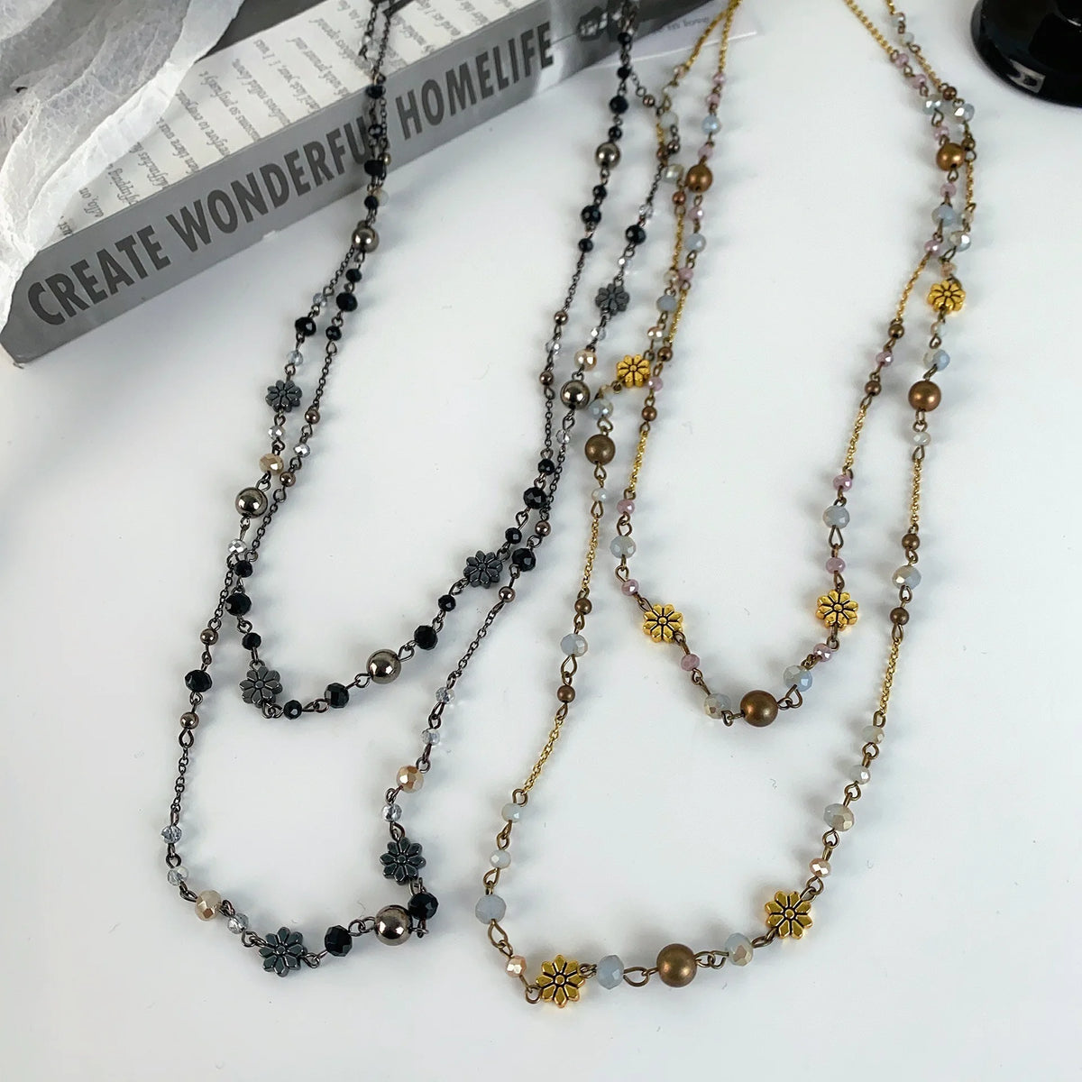 ZAKOL Vintage Flower Glass Beaded Double Layered Stacking Chains Necklaces for Women Temperament Sweater Fashion Jewelry