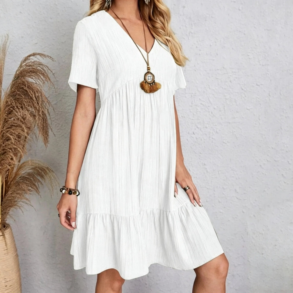 Women Elegant V Neck Ruffles Mini Dress Summer Vintage Solid Loose Sundress Bohemian Casual Solid Beach Party Vestidos