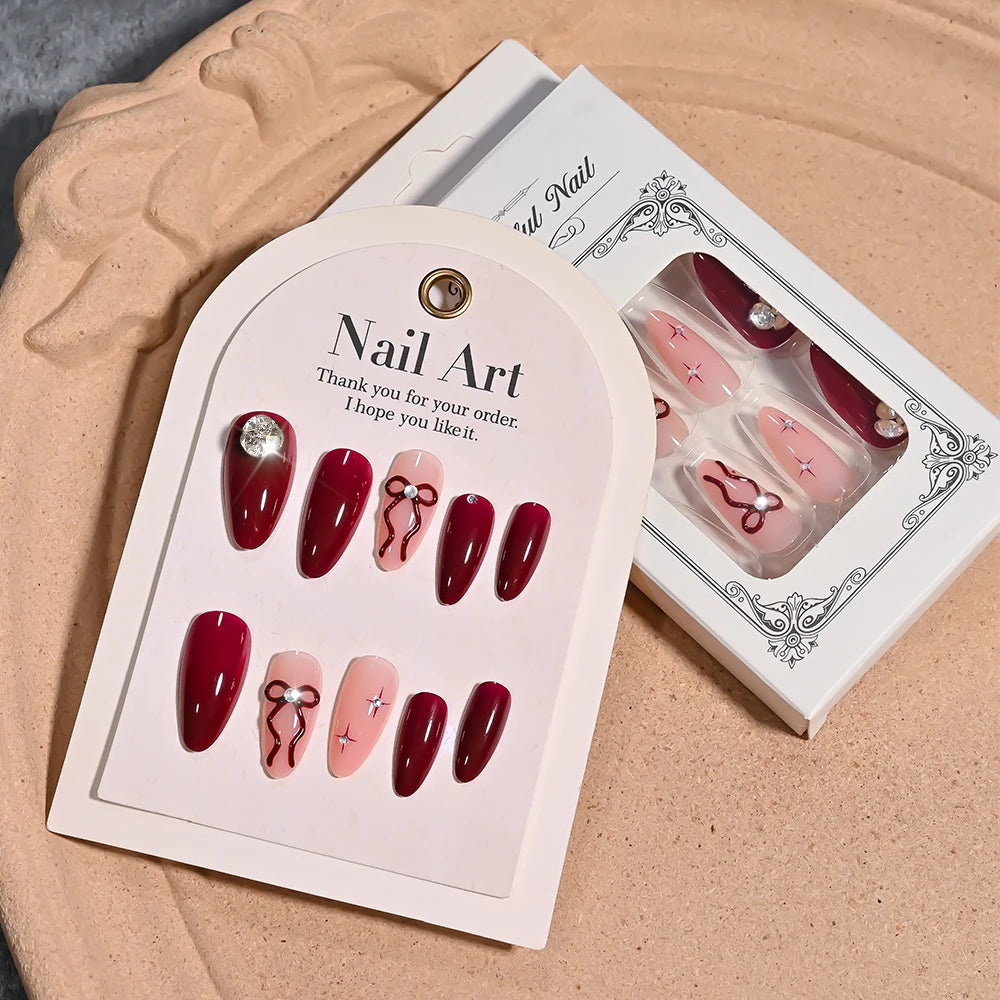 24Pcs Red Bowknot Design False Nails Medium Almond Fake Nail Tips Extension with Shiny Diamond for Women Wearable Press on Nails
