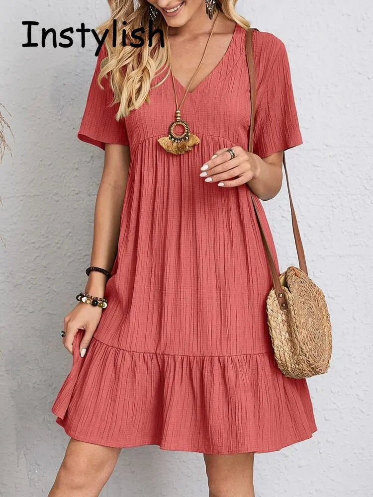 Women Elegant V Neck Ruffles Mini Dress Summer Vintage Solid Loose Sundress Bohemian Casual Solid Beach Party Vestidos