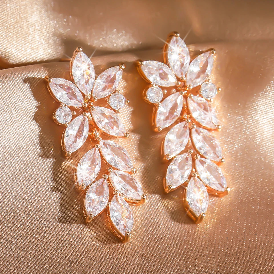 ZAKOL Luxury Leaf Marquise Zircon Bridal Earrings for Women White Shiny Crystal Elegant Wedding Party Jewelry