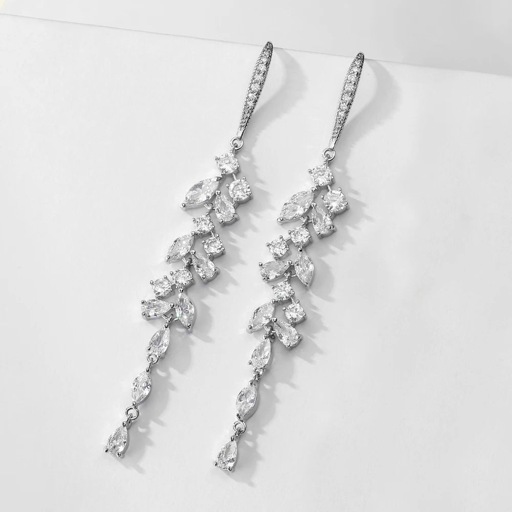 ZAKOL Fashion Cubic Zirconia Leaf Long Dangle Earrings for Elegant Women White Leaves Drop Earring Bridal Wedding Jewelry