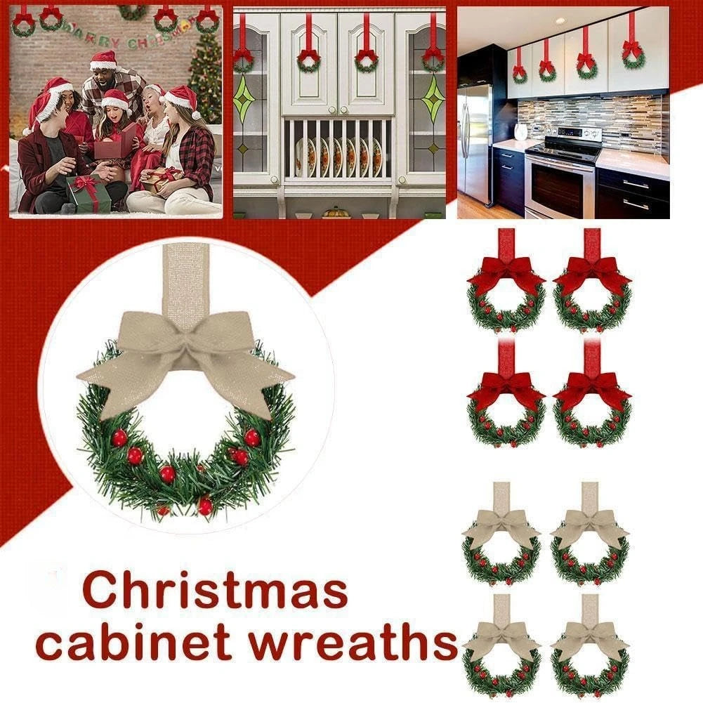 6 Christmas Kitchen Cabinet Wreaths With Ribbons, Christmas Mini Cabinet Wreaths With Ribbon Bows, For Fireplaces,Stair Railings