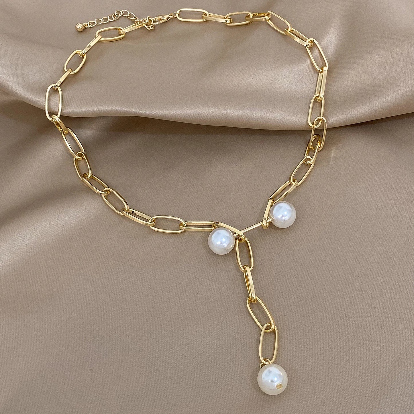 Trendy Women's Necklace Gold Color Metal Long Chain Pearl Round Beads Pendant Necklace Statement Party Daily Jewelry Gift