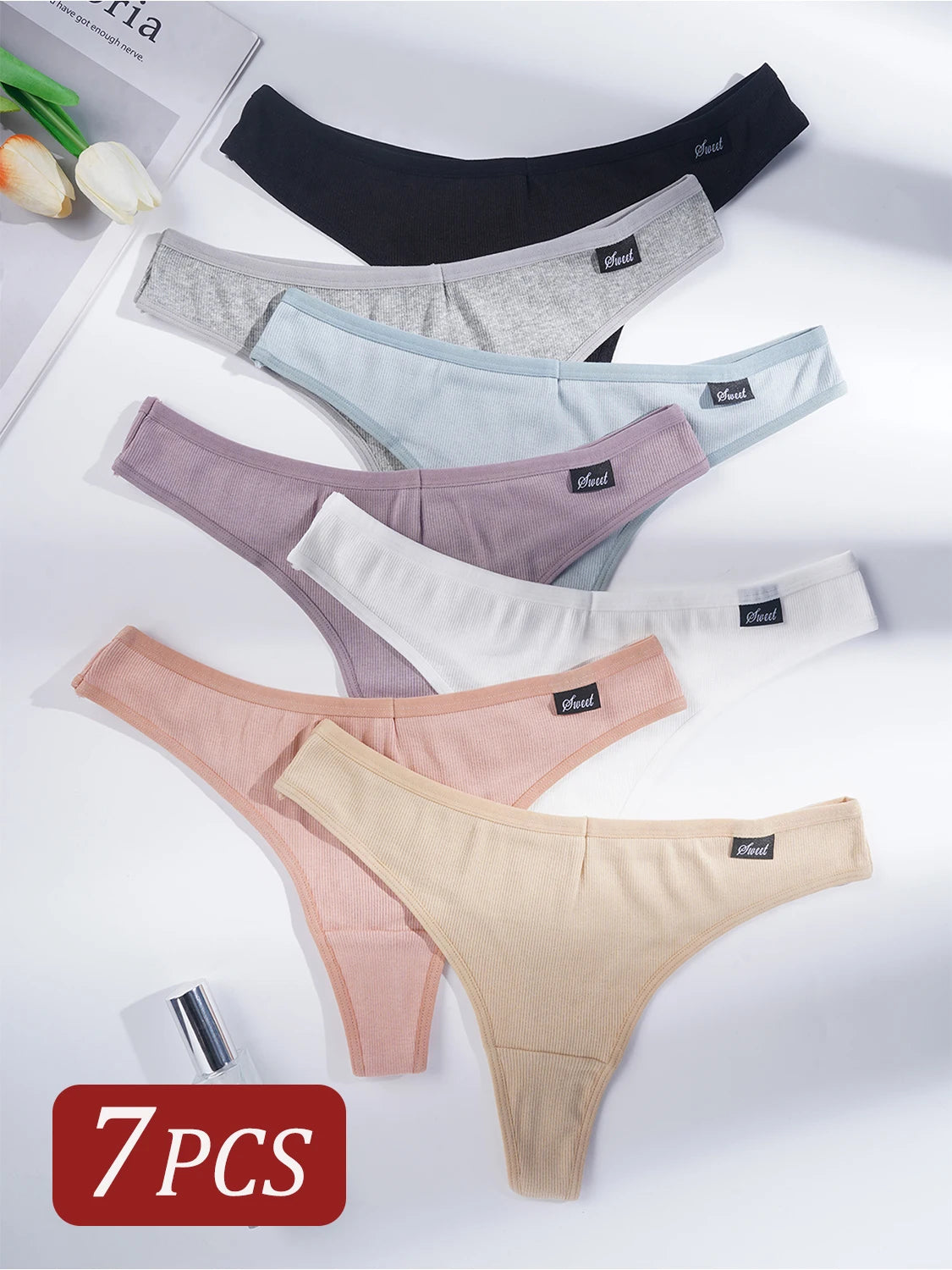7PCS Cotton Women's Panties G-String Low Waist Solid Color Thongs Soft Breathable Underwear Sexy Intimates Lingerie tangas mujer