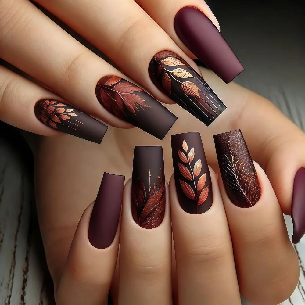 Medium long fake nails for women gilrs gradient brown coffee flora leaf design reusable full over press on Artificial Nails set