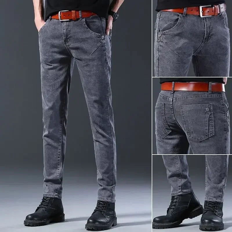 New Men Fashion Casual Business Denim Pants Male Slim Fit Straight Leg Trousers Stretch Solid Pants Size 27-38