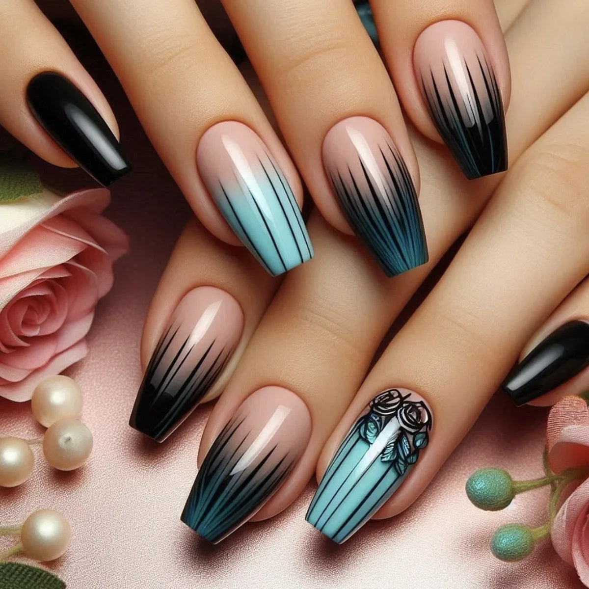 24Pcs Dark Blue Square Head Press on False Nails 3D Ocean Mid-length Fake Nail Wearable Finished Manicure Full Cover Nail Tips