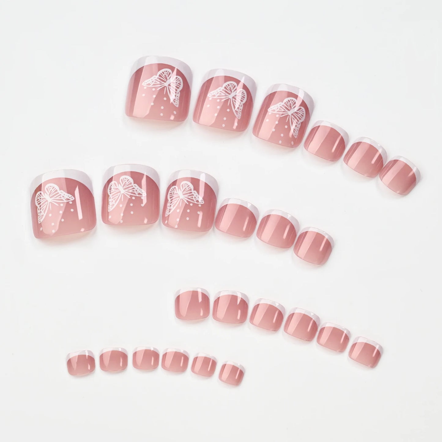 120Pcs Bronzing White Butterfly Design Fake Toenail Short Square Full Cover French False Toe Nails Summer Press On Toenails