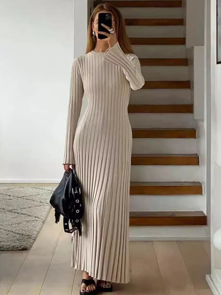 Vintage Lace-Up Female Knit Maxi Dress Elegant High Waist Patchwork Long Sleeve Loose Solid Dress Bodycon Knitwear Basic Dresses