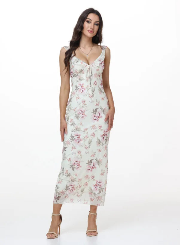 Elegant Summer Print Floral Dress Women V-neck Slim Ruffles Sleeveless Backless Long Dresses 2026 Beach Vacation Lady Vestidos