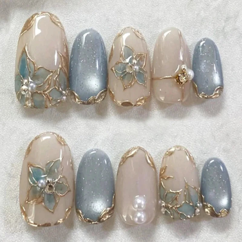 24Pcs Autumn Winter Matte Almond False Nails with Glue Rose Leaf Printing Nail Art Simple Full Cover Press on Acrylic Nails Tips