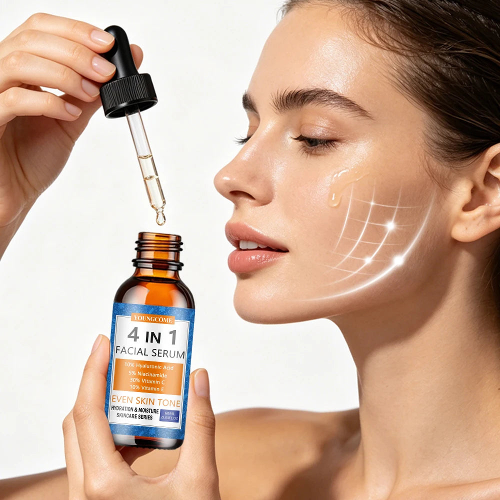 Facial Serum 4-in-1 Hydrating Skin Care with Vitamin C, Hyaluronic Acid,Niacinamide&Vitamin E-Daily Moisturizing Serum for Even