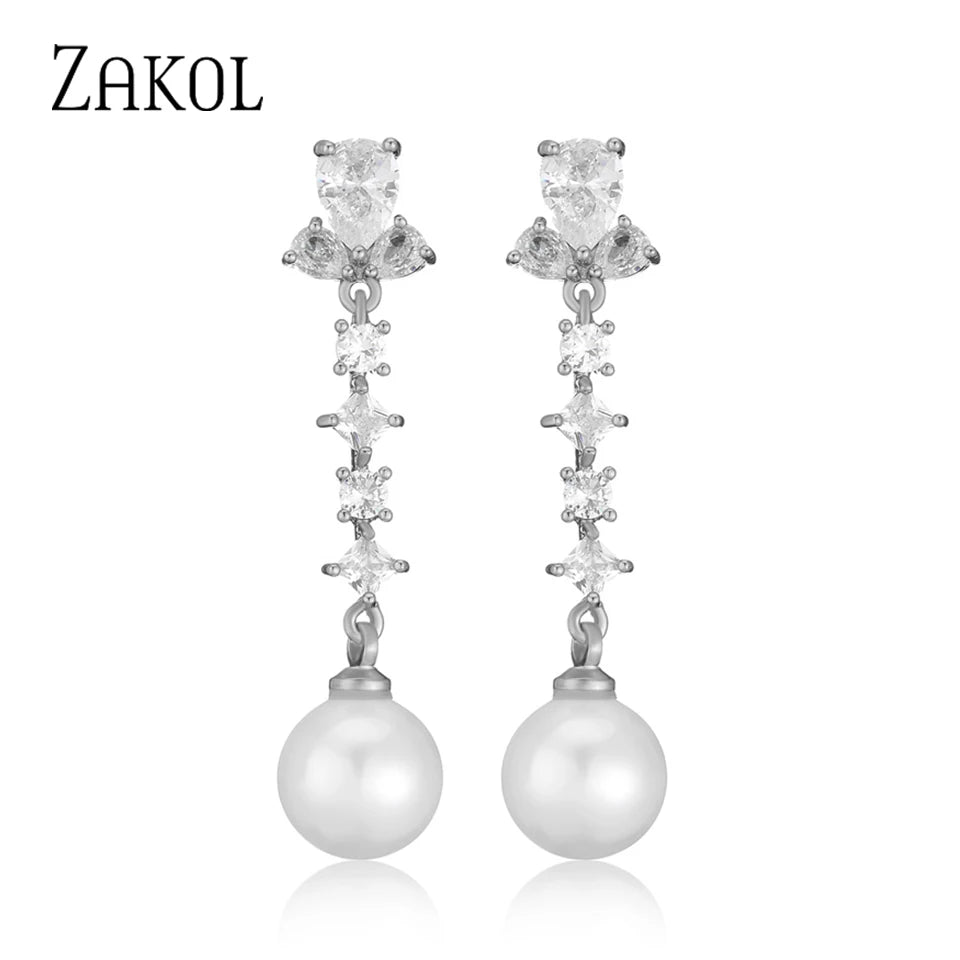 ZAKOL Elegant Pearl Long Drop Earring for Women Luxury Glamor Bridal Earring Shiny Zircon Wedding Jewelry