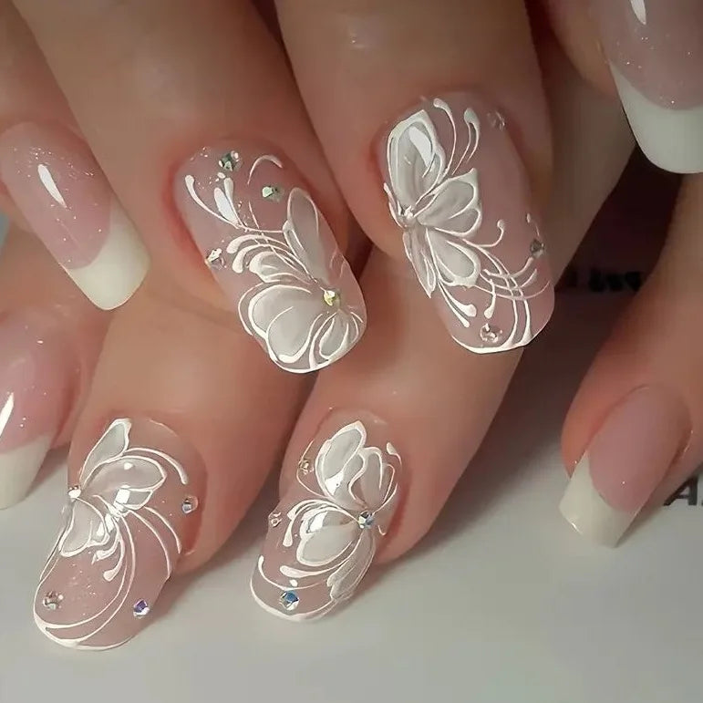 24pcs Fake Nail Green Dandelion Self-adhesive False Nails Finger Nails  for Gluing Nail Tips Nail Art Summer Press on Nails 2025