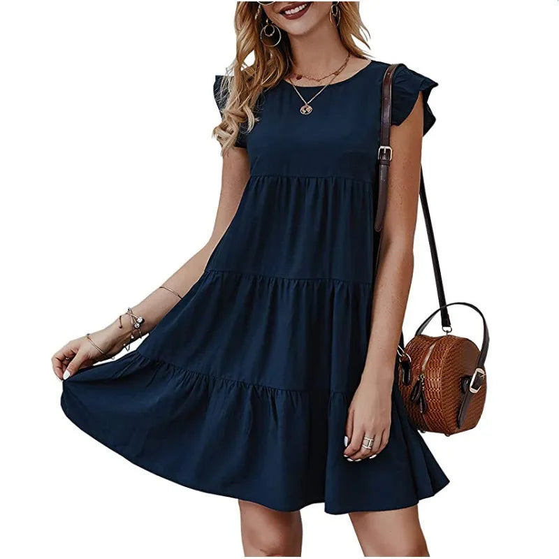 Women Elegant Ruffle Mini Dress Casual Solid O Neck Beach Party Sundress Simple Chic Loose Short Dress Vintage Harajuku Vestido