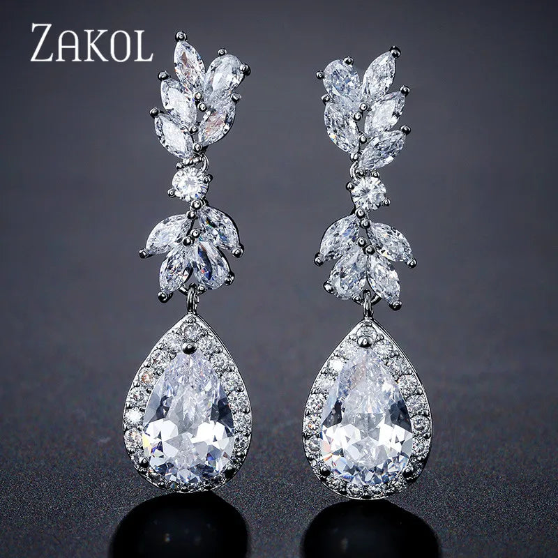 ZAKOL White Zircon Leaf Dangle Earrings for Women Shinny Water Drop Crystal Flower Pendant Earring Bridal Wedding Jewelry