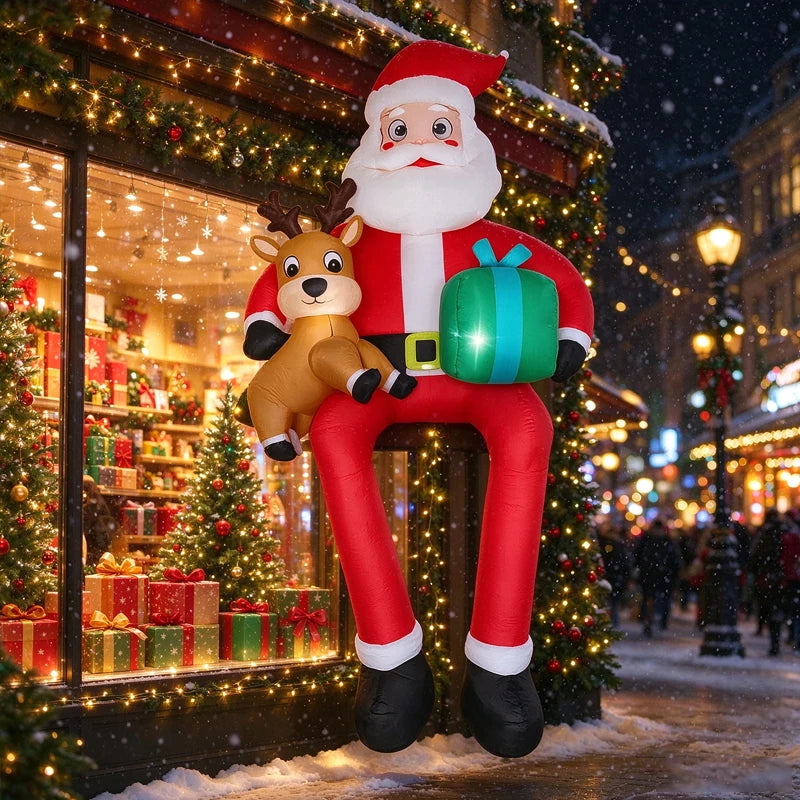 9.5FT Inflatable Santa Claus Sitting on Roof,Blow Up Santa Holding Reindeer Gift Box,Outdoor Yard Christmas Holiday Decorations
