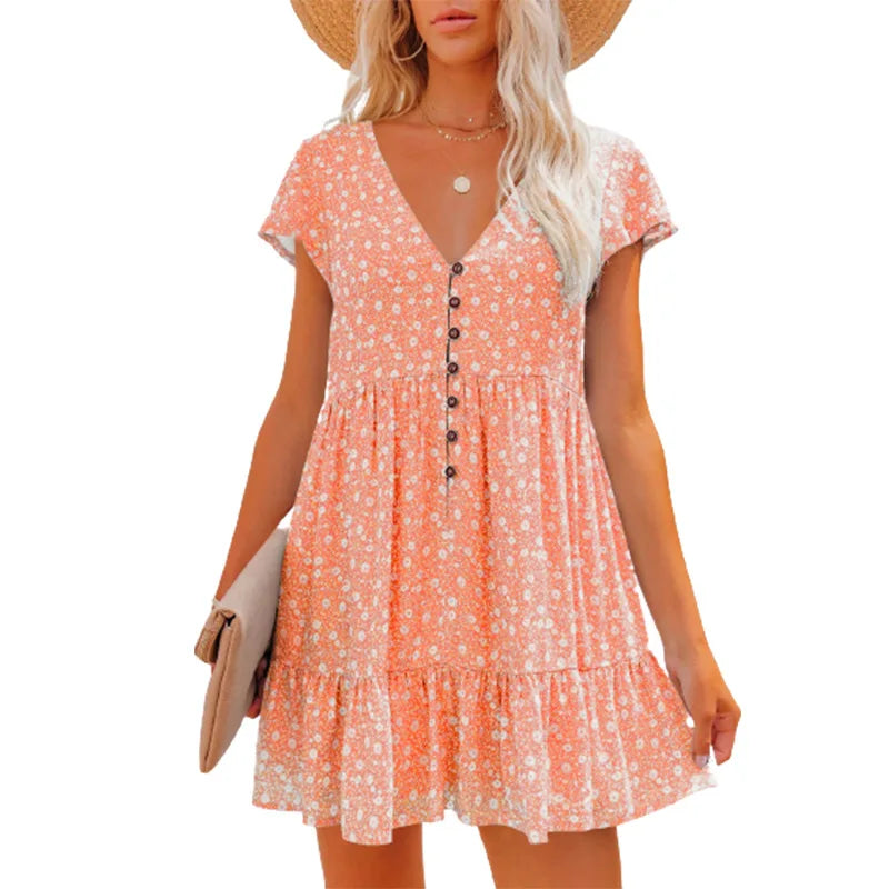 Women Summer Floral Print Short Sleeve V Neck A Line Dress Casual Boho Pleated Mini Dress Beach Party Vacation Sundress 2023