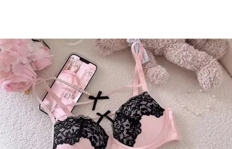 MOYISU Sweet Trap French Bow Bra Set - Wireless Push-Up for Petite Chest, Pure Seduction Lace Bralette with Elegant Ribbon Charm