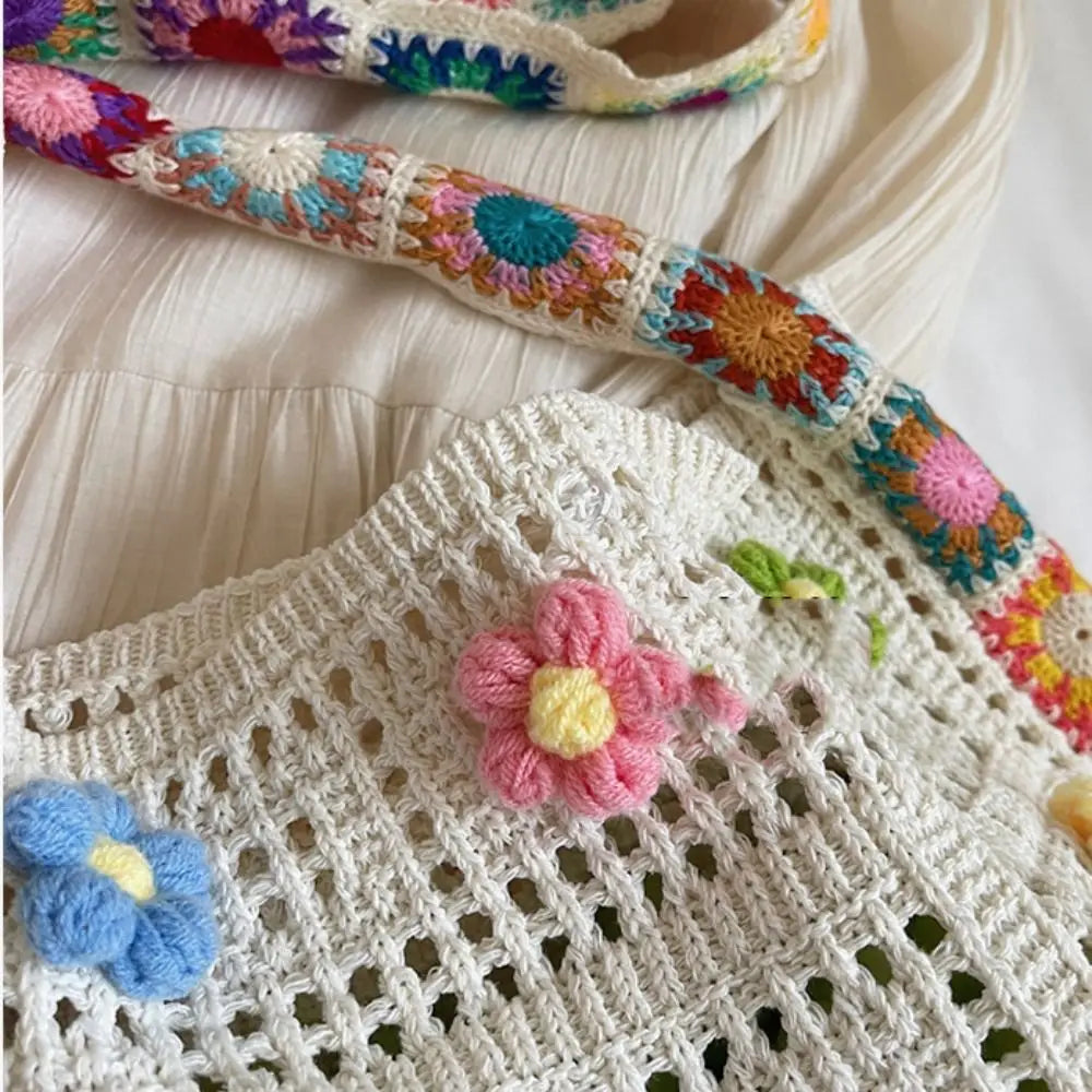 Boho Knitting Shoulder Bag Floral Large Capacity Bohemian Crochet Crossbody Bag Ethnic Style Lazy Style Casual Woven Handbag
