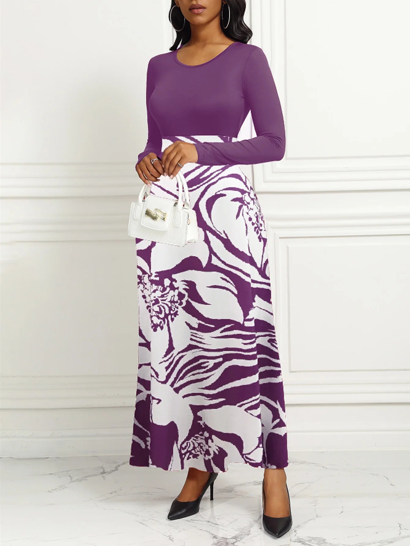 Printed Long Sleeve A-Line Maxi Dress – Elegant Purple 2026
