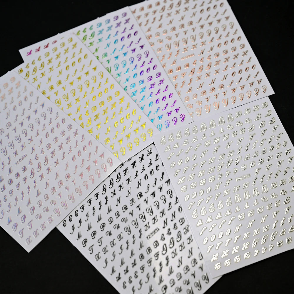 1pc Gold Silver English Letter Nail Sticker Black Laser 3D Alphabet Self Adhesive Decal English Words DIY Slider Manicure Decor