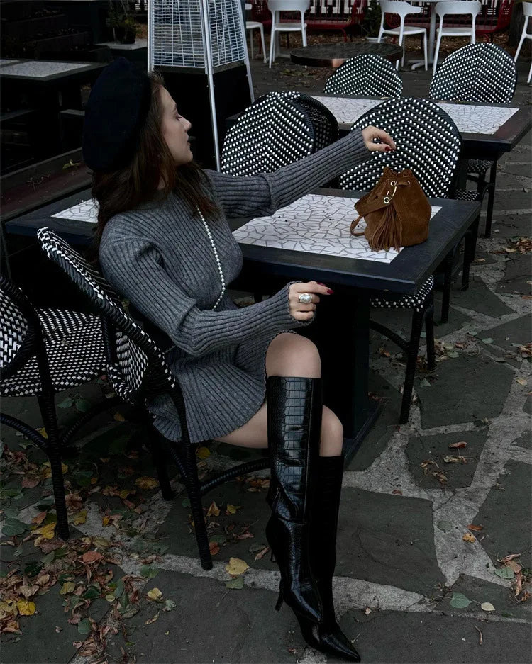 BKLD Women Clothing 2026 Long Sleeve Slim Fitted Knitted Dress Half High Collar Solid Color Short Autumn Winter Sweater Dress