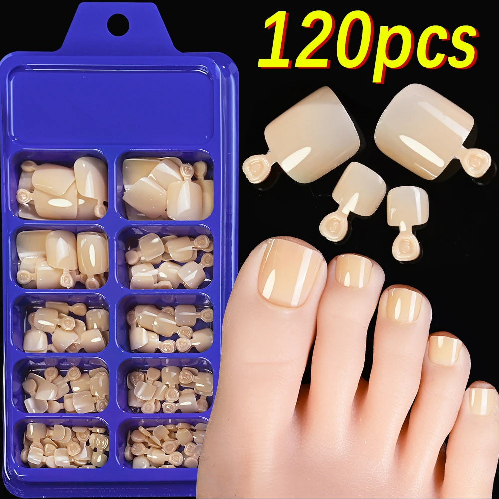 120Pcs French Tips False Toe Nails Short Square Nude/Pink/Brown Fake Toe Nails Wearable Acrylic Full Cover Press on Toenails