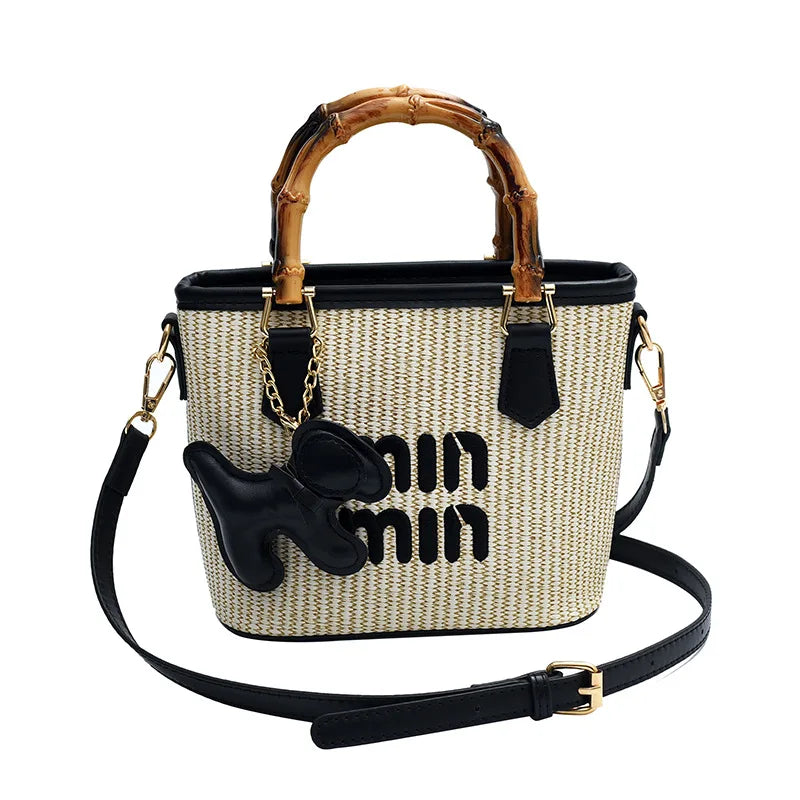 2025 New Spring Fashion Contrasting Straw Bamboo Joints Basket Bag Bucket Bag Hand-held Shoulder Diagonal Bag