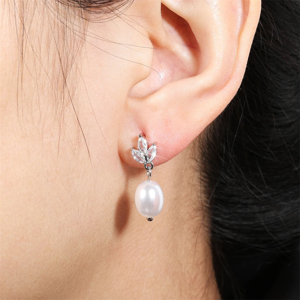 ZAKOL Fashion Leaf Shiny Zircon Pearl Drop Earring Necklaces Jewelry Sets for Women Charming Wedding Jewelry Gift
