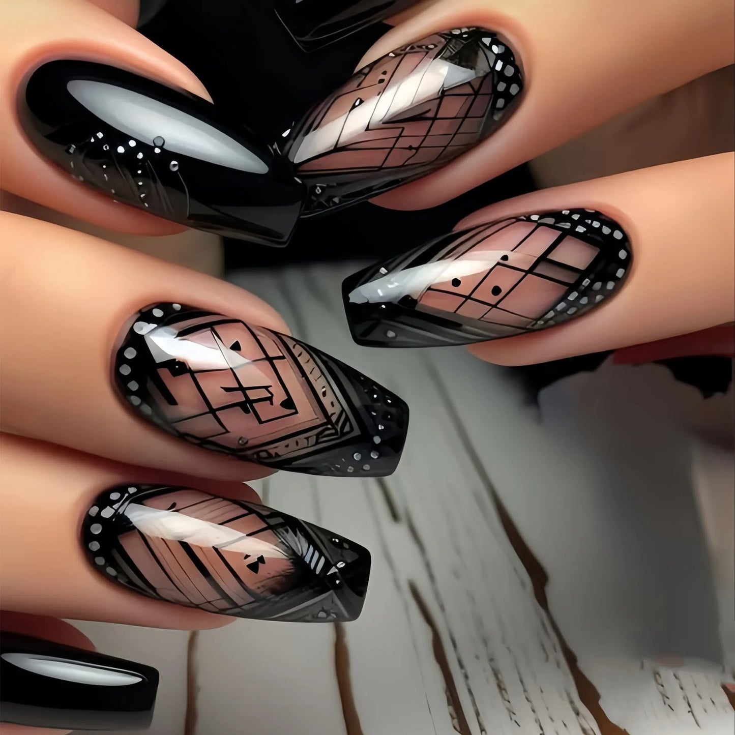24PCS Gothic False Nails Dark Red Vine Pattern Medium Coffin Press on Nail Sticker Sweet Cool Glossy French Fake Nail Spice Girl