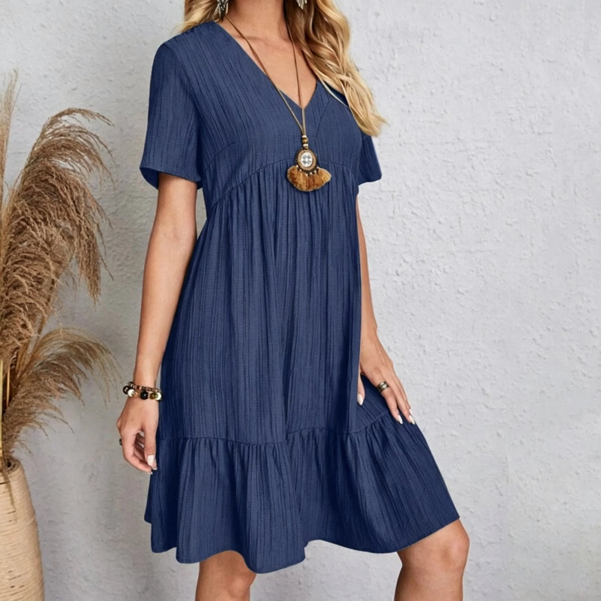 Women Elegant V Neck Ruffles Mini Dress Summer Vintage Solid Loose Sundress Bohemian Casual Solid Beach Party Vestidos
