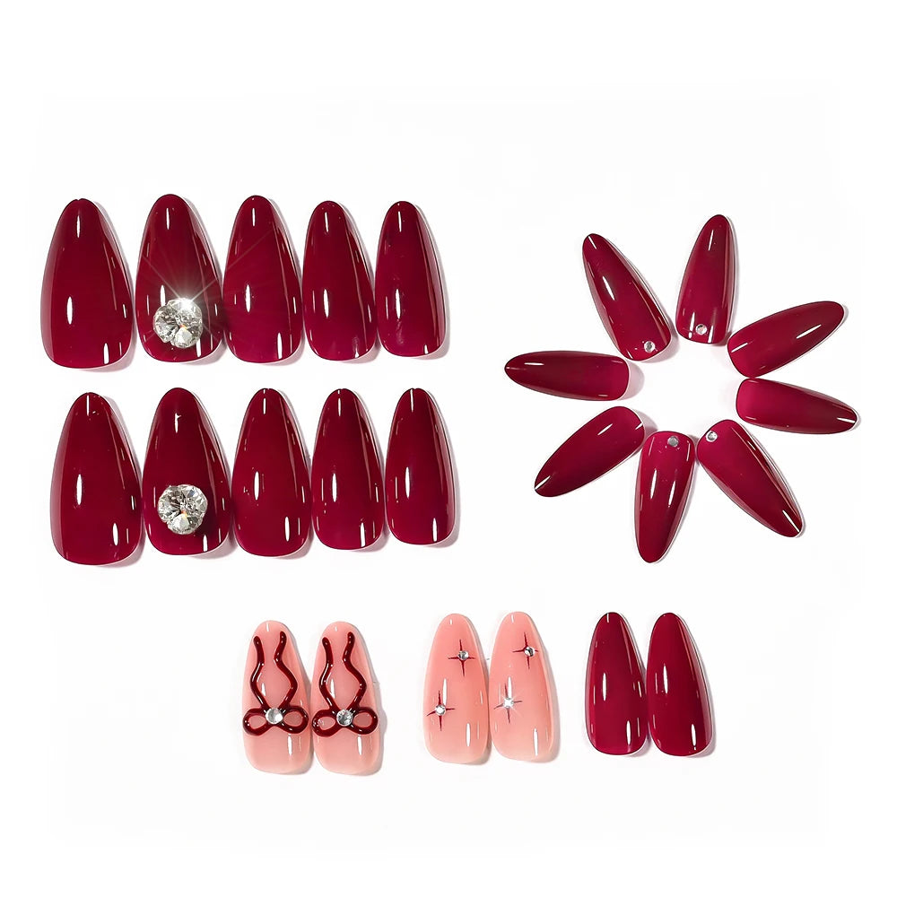 24Pcs Red Bowknot Design False Nails Medium Almond Fake Nail Tips Extension with Shiny Diamond for Women Wearable Press on Nails