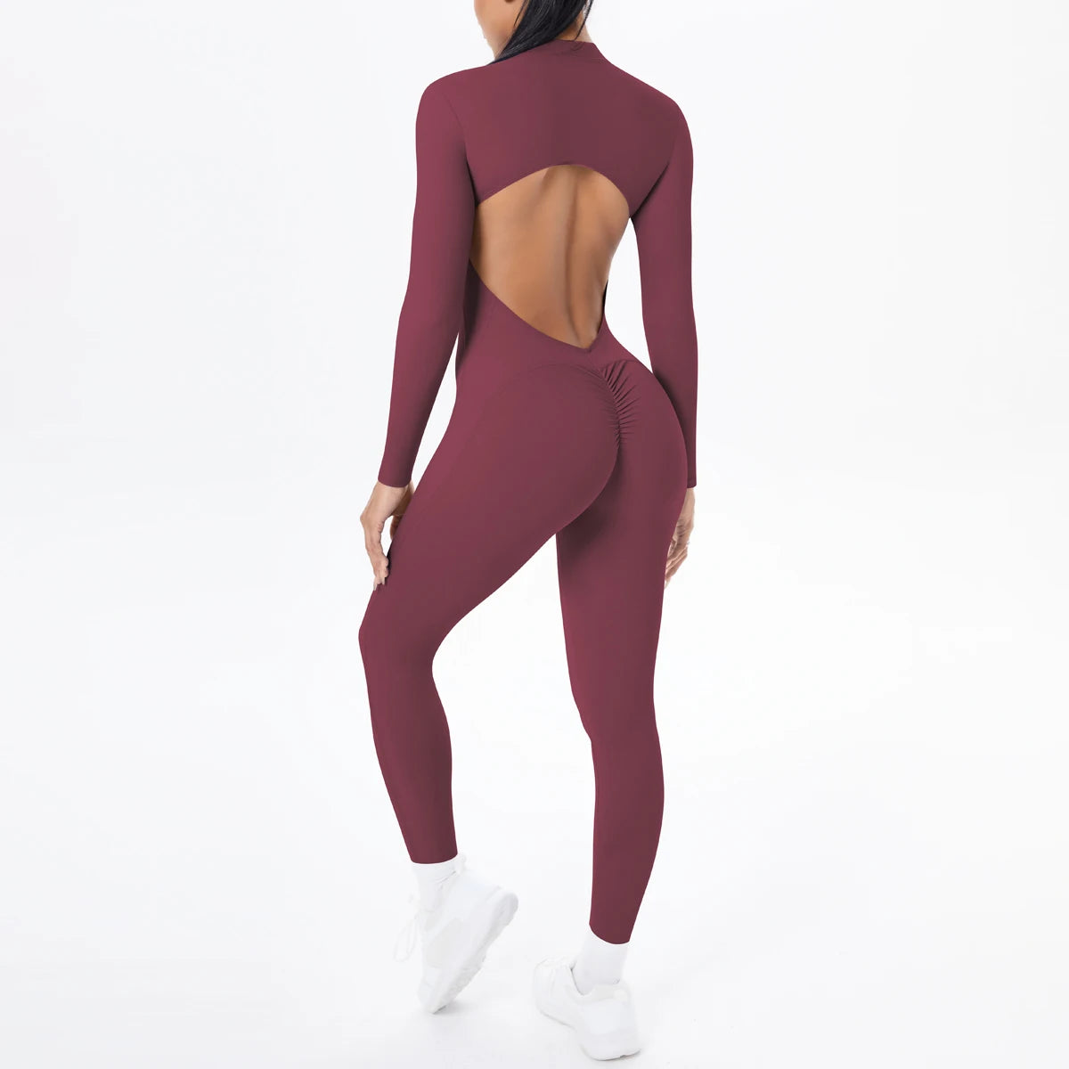 Solid Color Backless Yoga Bodysuits Women's Sportswear Stretch Bodysuit For Women Long Sleeves Jumpsuits Push Up Half Zipper Set